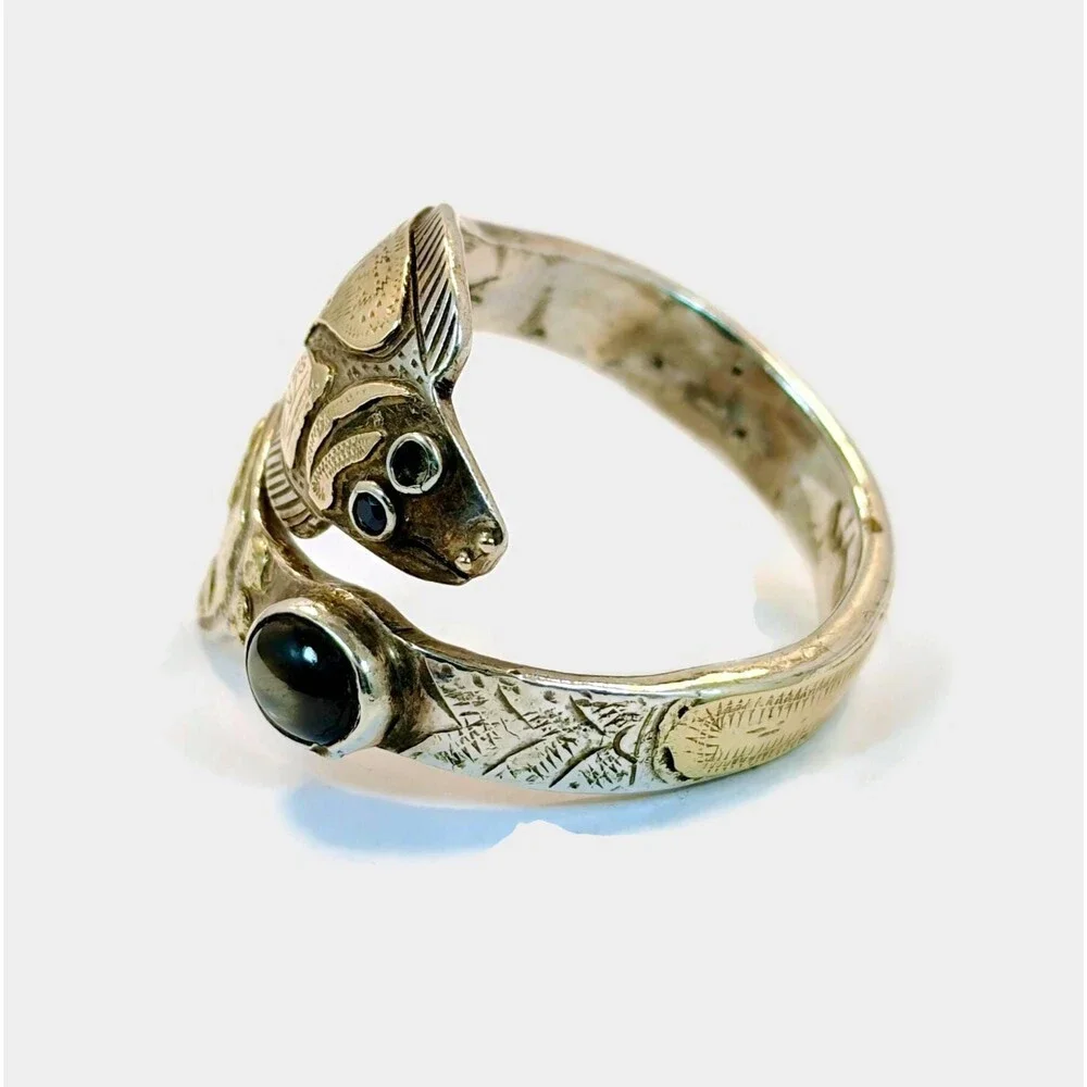 Vintage Fish Ring, Sterling Silver, By-Pass, Obsidian Spinel Handcrafted Size 12